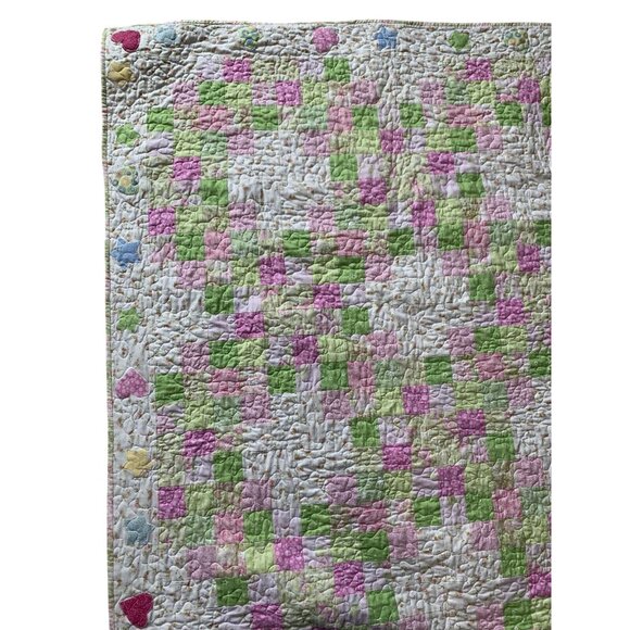 Handmade Patchwork Baby Quilt Pink & Green Floral /Star / Heart Reversible - Picture 10 of 16